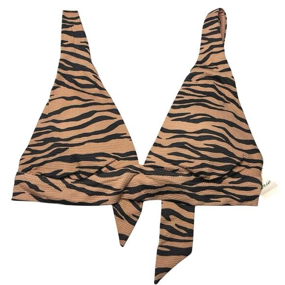 Aerie Tiger Stripe Bikini Top M – Textured Animal Print, V-Neck, Tie Back - Picture 3 of 6